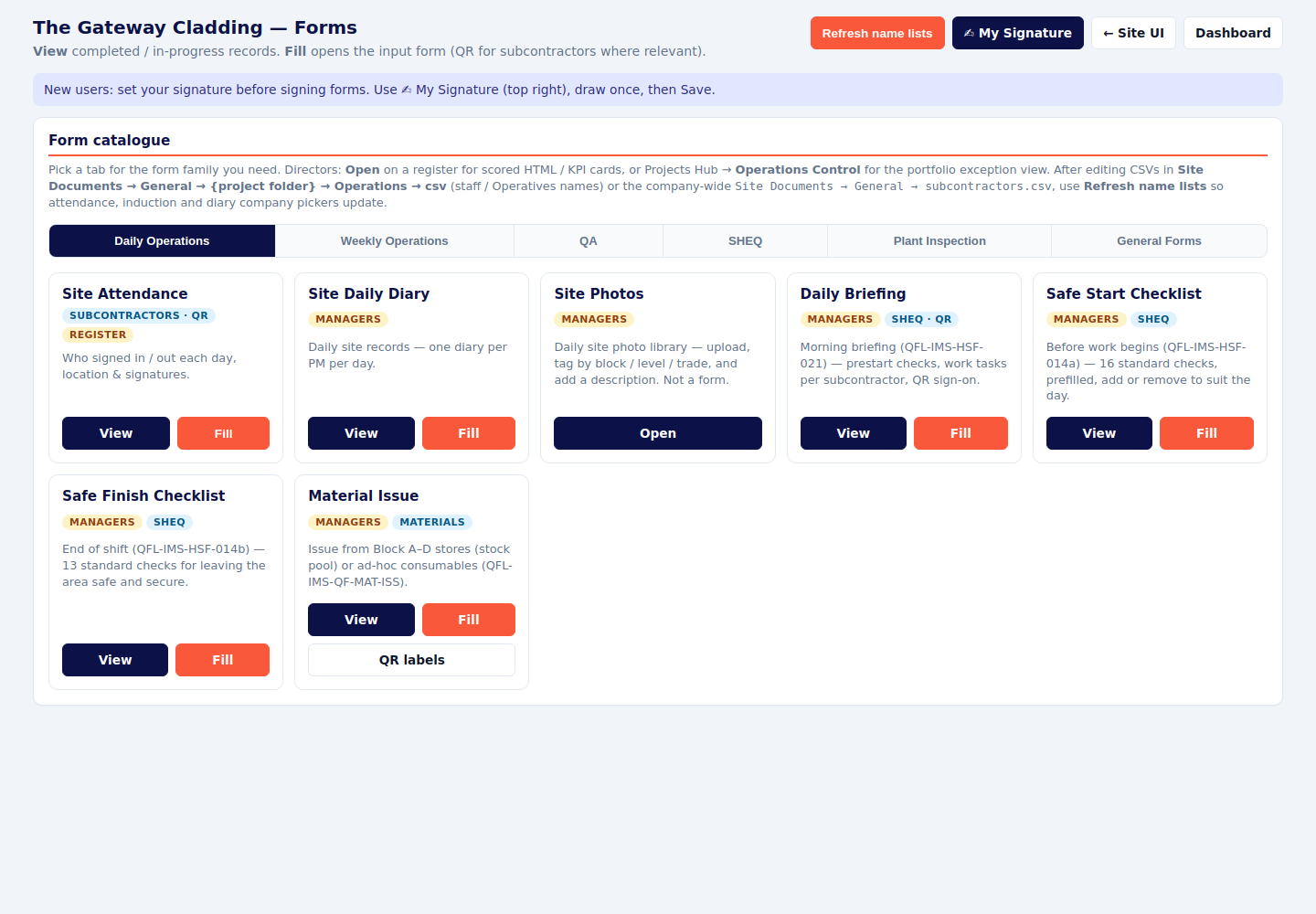Forms page on the Daily Operations tab, showing attendance, diary, photos, briefing, safe start, safe finish and material issue