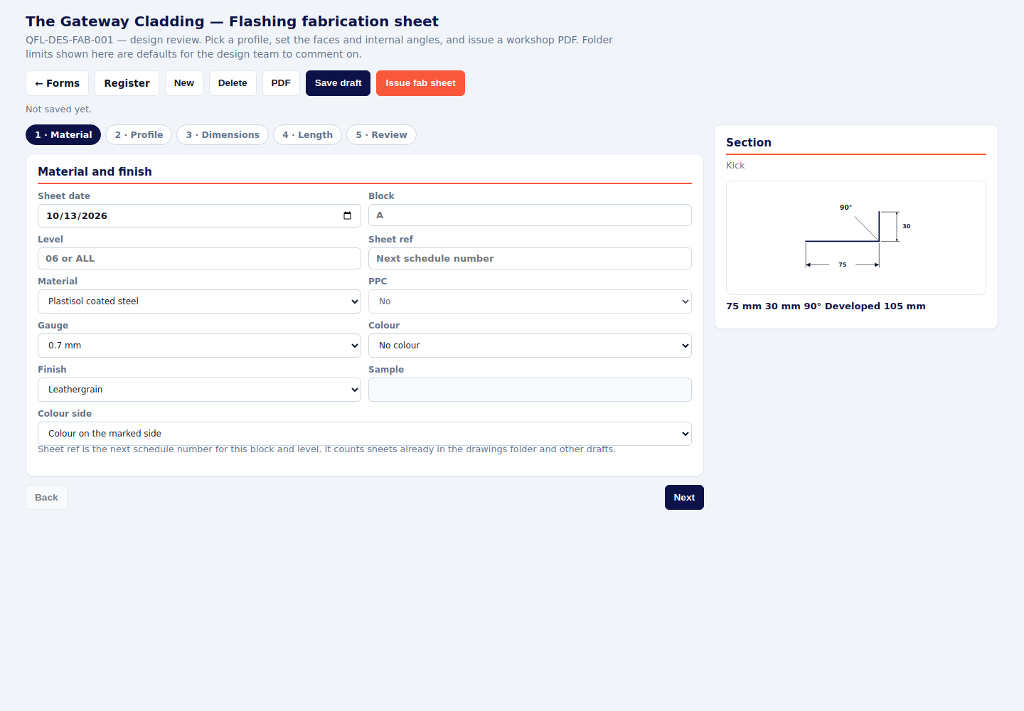 Flashing fabrication sheet on the material step