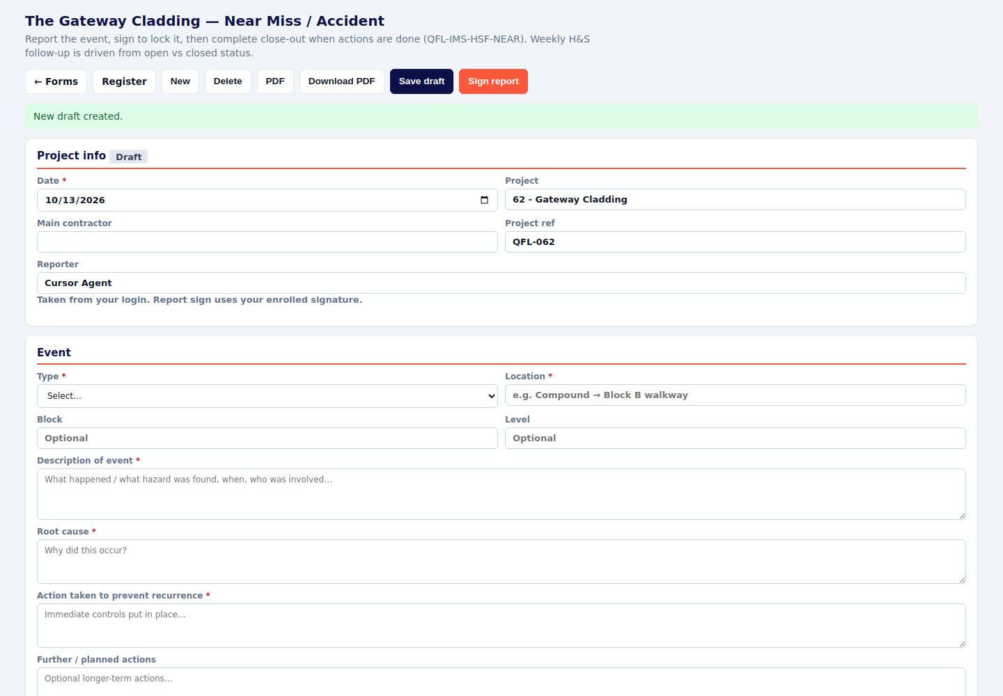 Near miss and accident form with event type and description fields