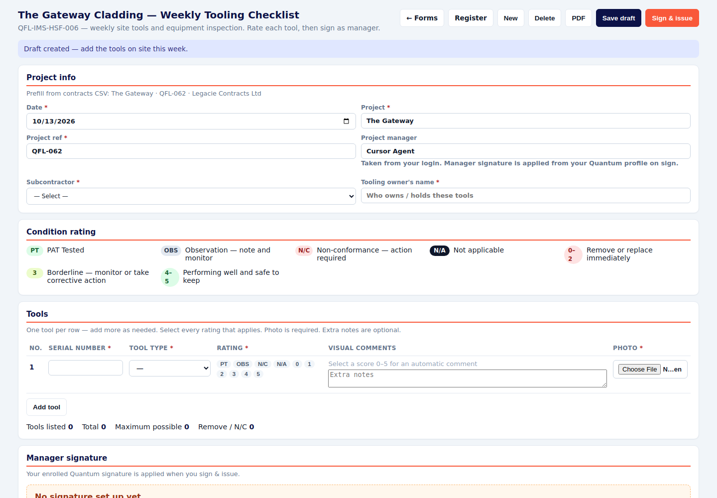 Weekly tooling checklist with the condition rating key